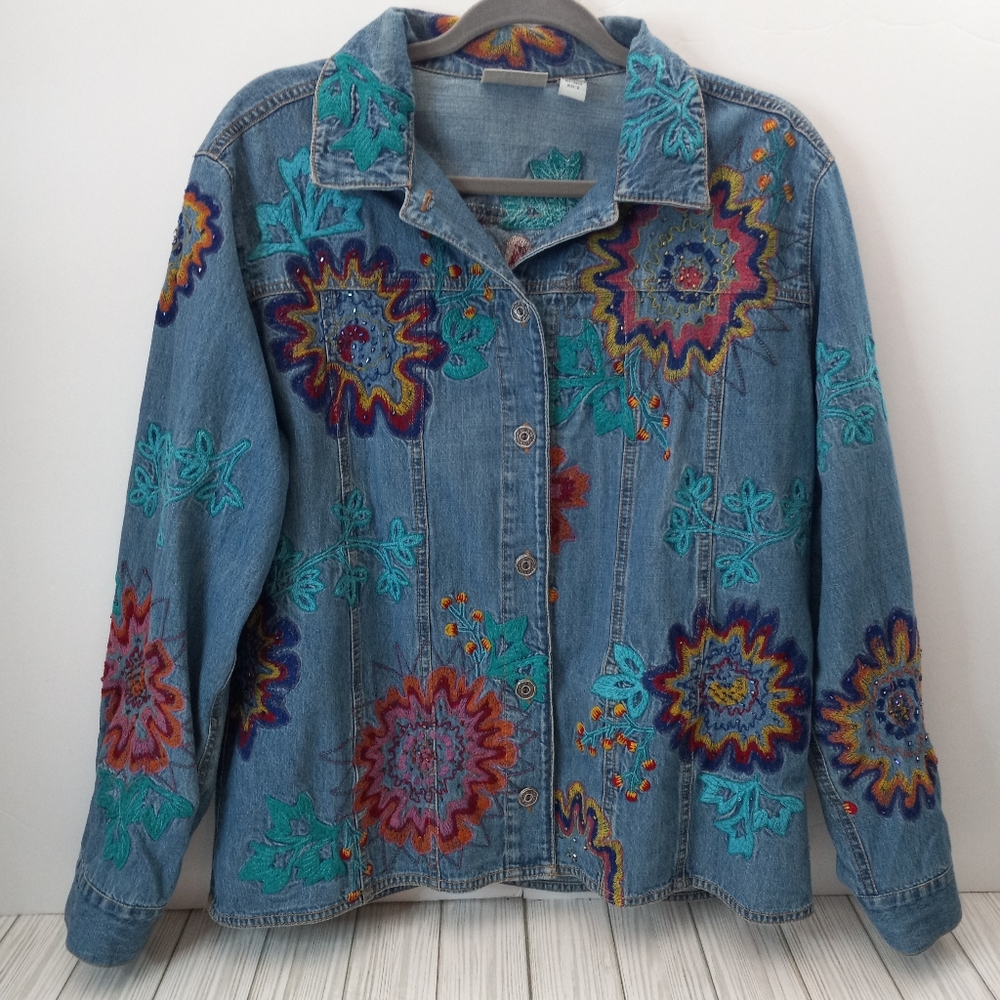 Vintage Chico's Design Embroidered Beaded Denim Jacket